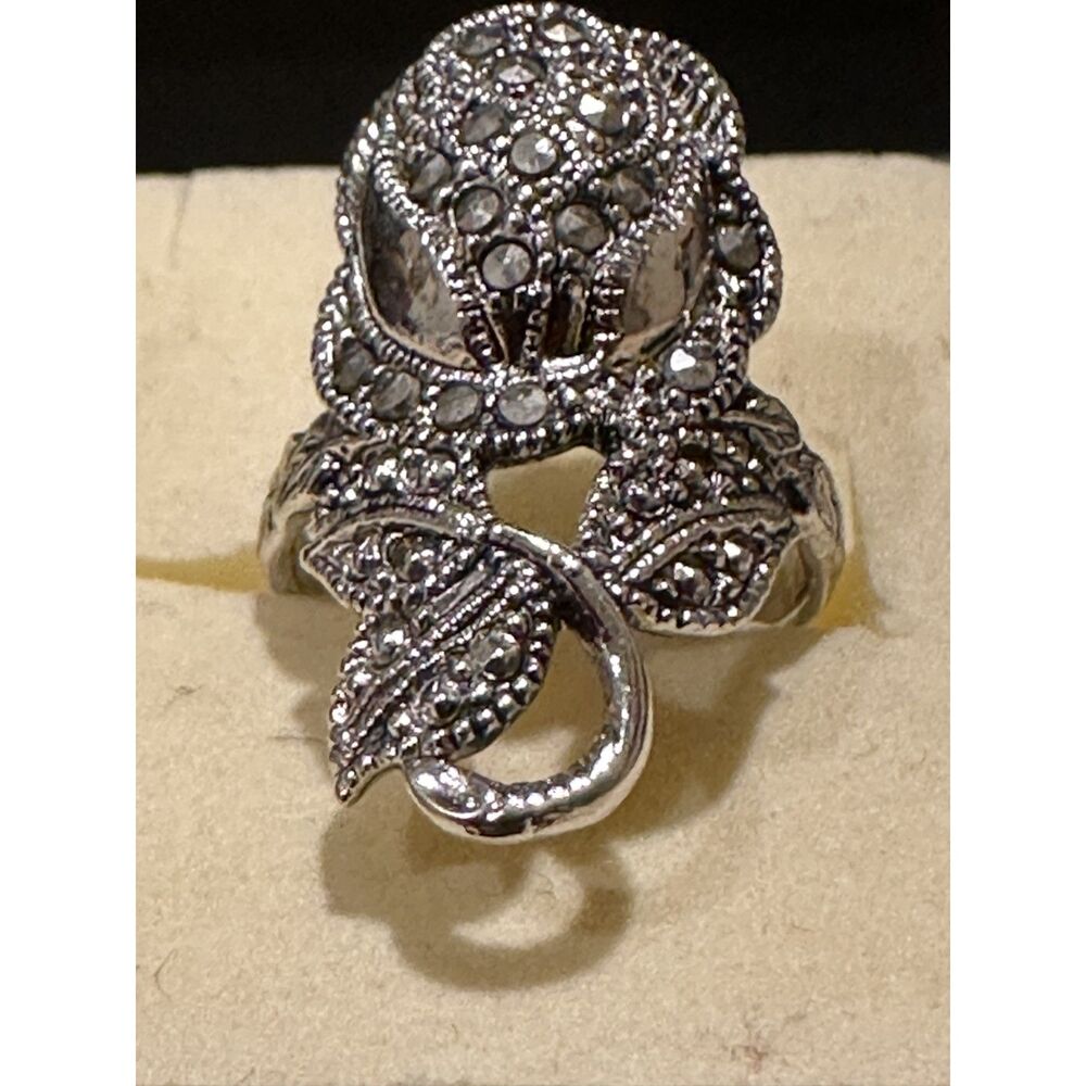 Vintage Marcasite Floral Rose Statement Ring Silver Tone Size 6